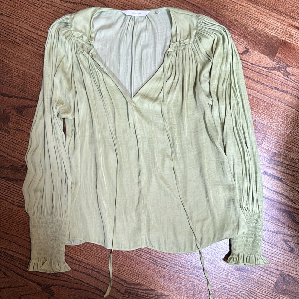 Tie neck sateen blouse in avocado size large - Picture 3 of 5